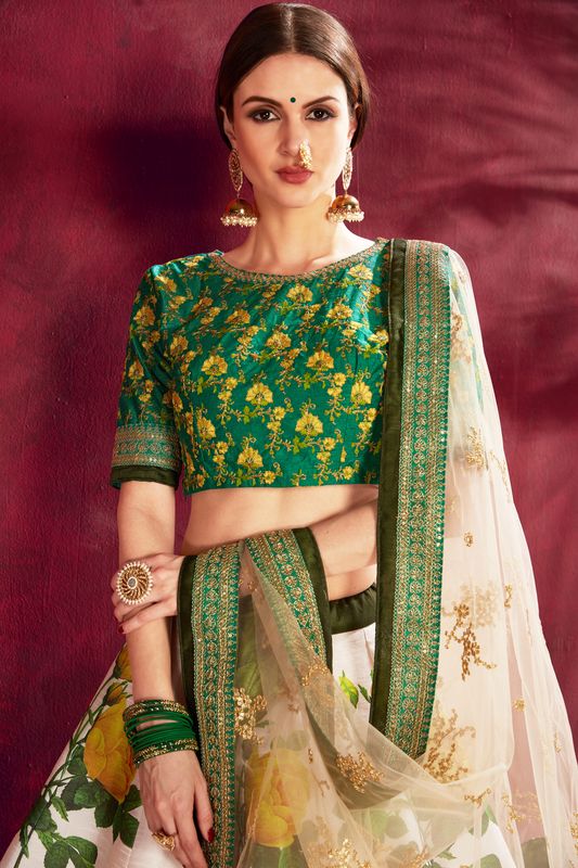 Cream and Green Women's Heavy Banglori Silk Embroidery Lehenga Choli