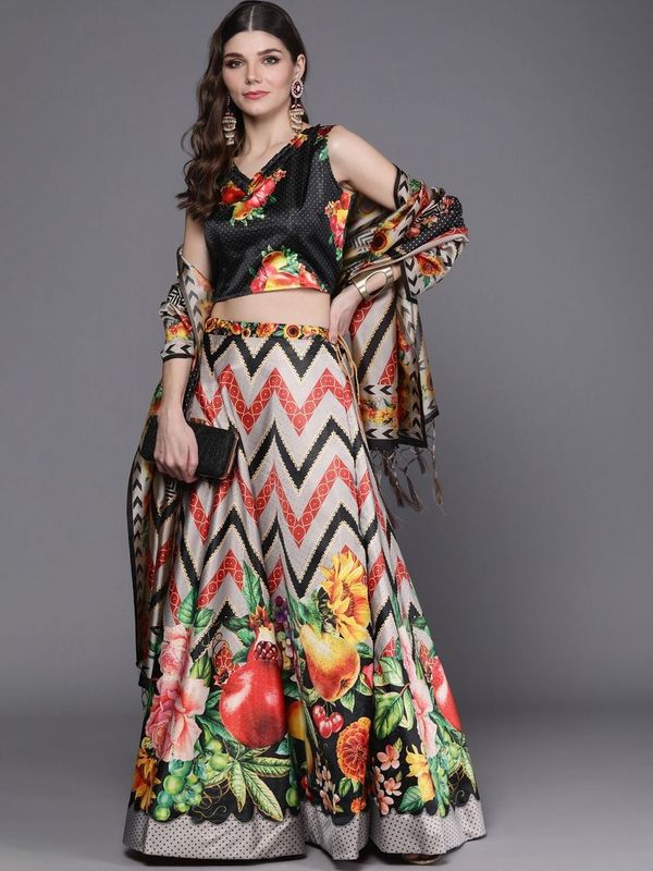 Bandhni Patola Type Digital Print Shiney Satin Croptop Lehenga Choli With Blouse For Women and Girls
