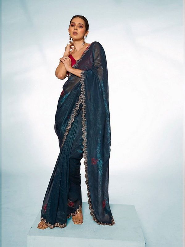 Teal Blue Color Slub Organza Fabric Swarovski  Designer Graceful Bollywood Style Party Saree