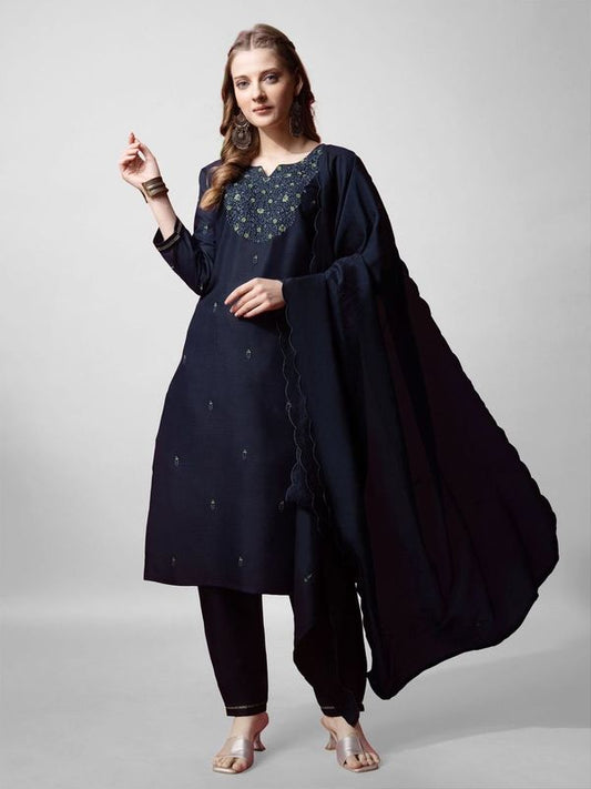 Navy Blue Color Cotton Blend Readymade Dress With Designer Embroidery Work