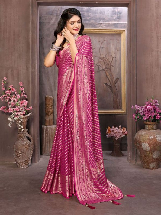 Bright Pink Brasso Cutting Designer Work Moss Brasso Saree