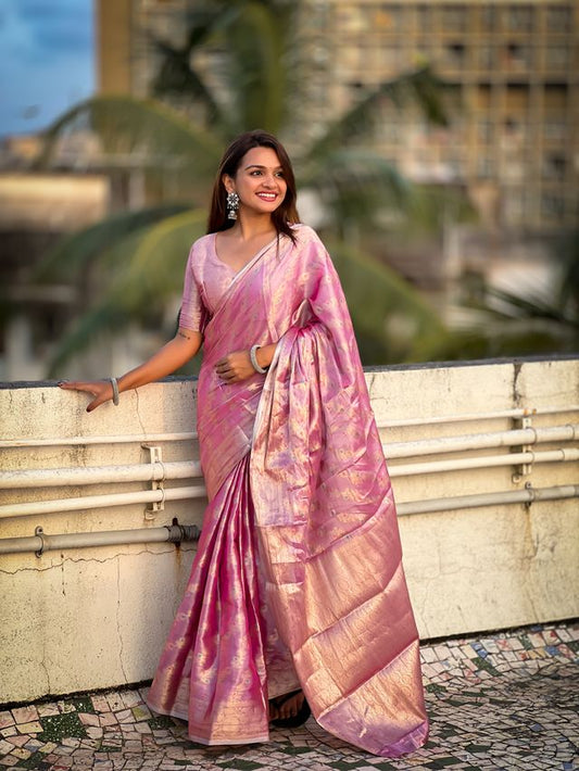 Pink Color Tissue Silk Saree With Weaving Jari Meenakari Designer Looks