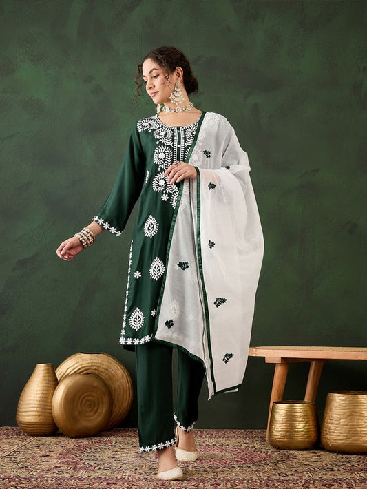 Green Rayon Designer Chikankari Embroidery Work Work Classy