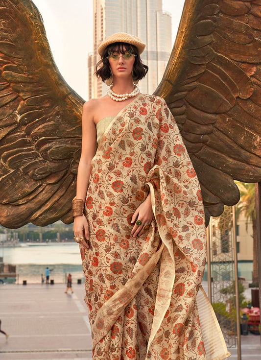 Cream printed saree