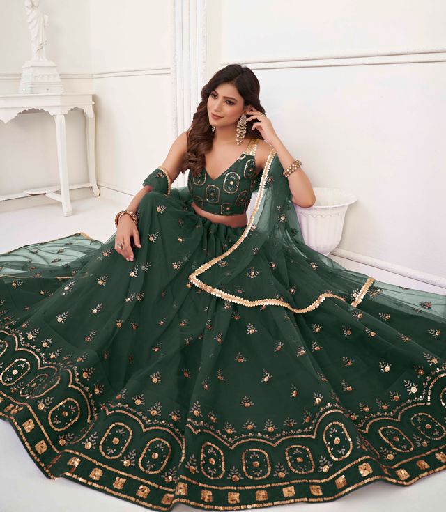 DARK GREEN COLOR NET FABRIC LEHENGA CHOLI