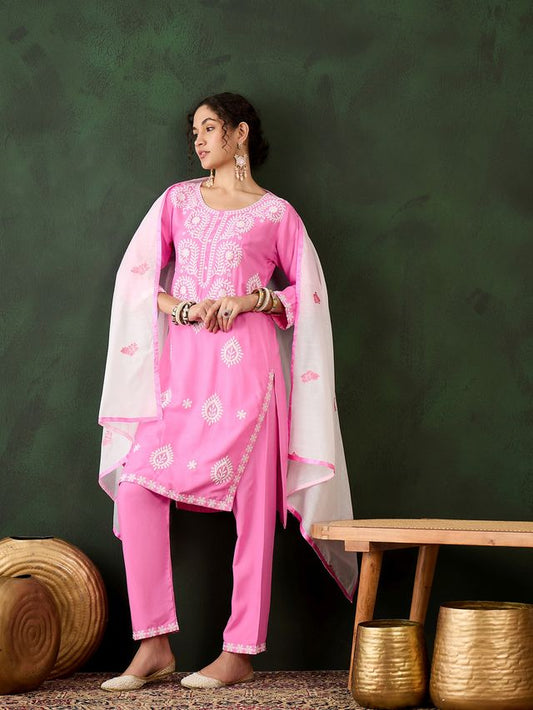 Pink Rayon Designer Chikankari Embroidery Work