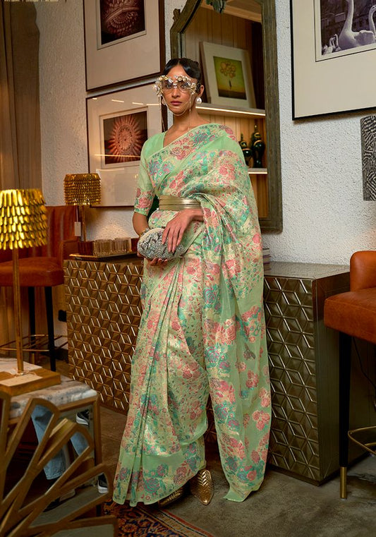  Light green floral print saree