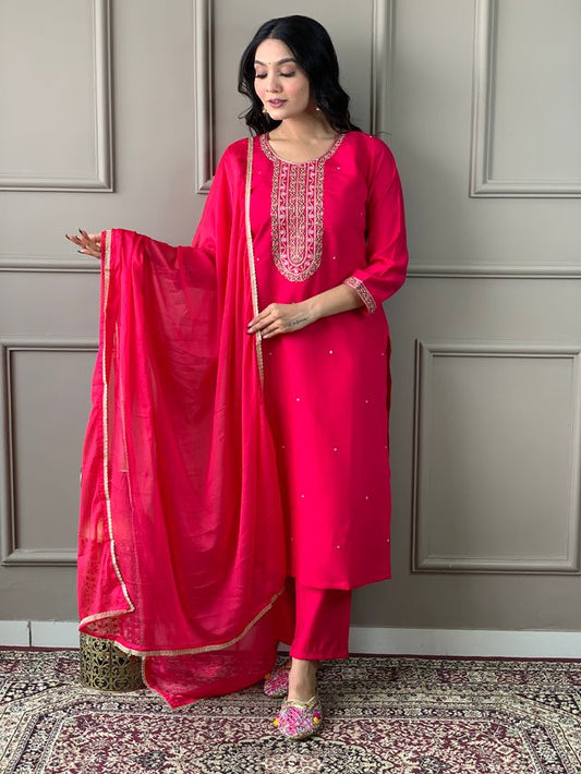 Pink Viscose Chanderi Designer Embroidery Work   Ethnic