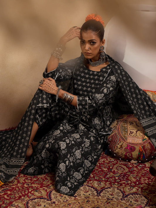 Women Black Printed Straight Kurta Palazzos With Dupatta Set