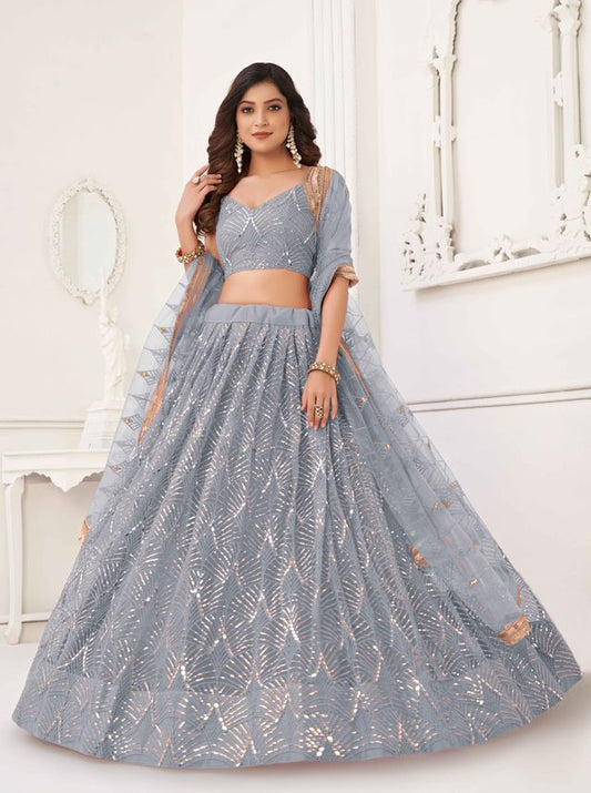 LIGHT GRAY COLOR NET FABRIC LEHENGA CHOLI