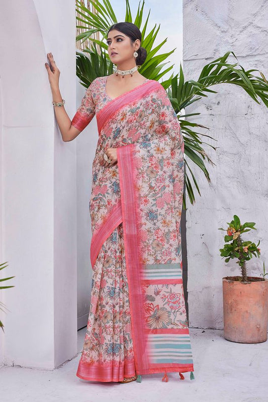 Off White Color Linen Blend Digital Printed Designer For Graceful Festive Looks