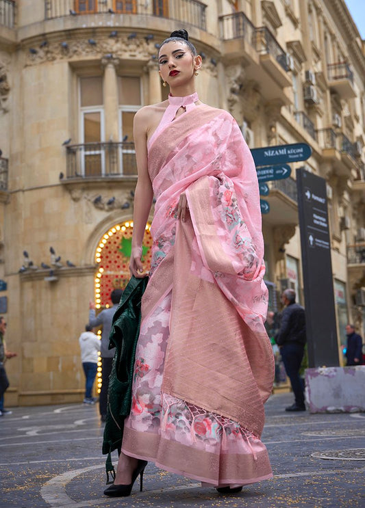 Baby pink floral print saree