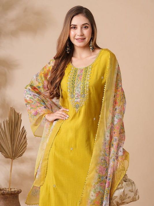 Mustard Chanderi  Designer Embroidery Work With Printed Ethnic