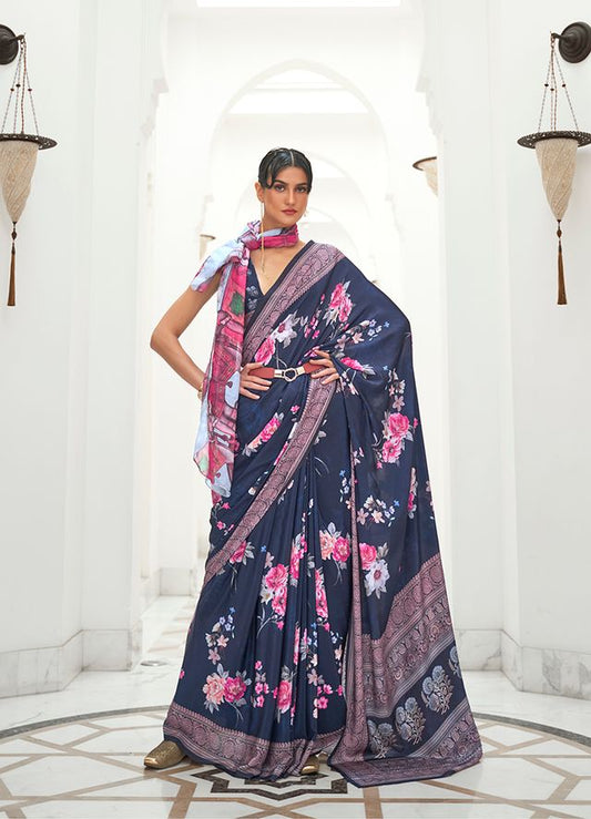 Navy blue digital print saree