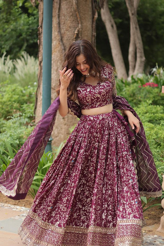 Wine Pure Viscose Jacquard with Embroidered Sequins work Lehenga Choli