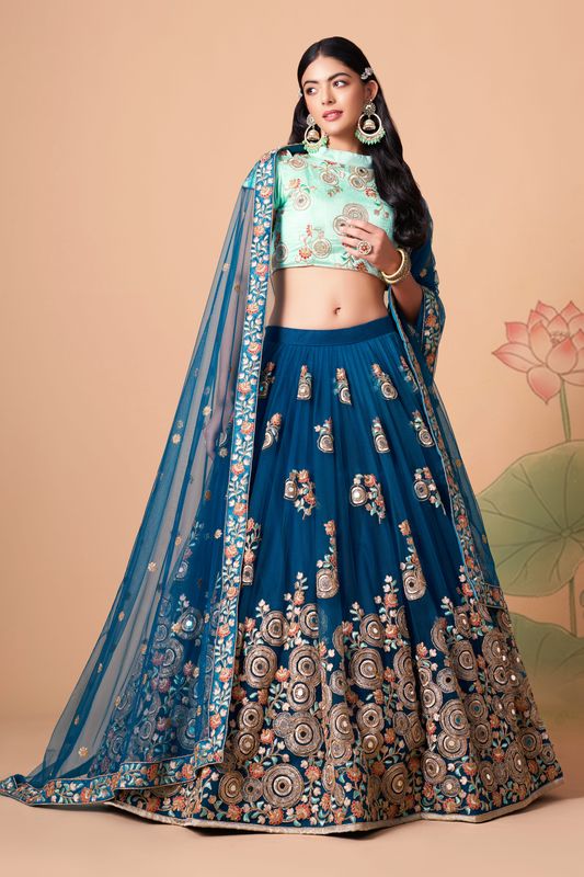 Dove Blue Women's Soft Net Embroidery Lehenga Choli