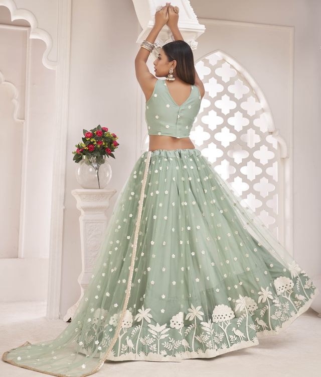 Green embroidered net semi stitched lehenga