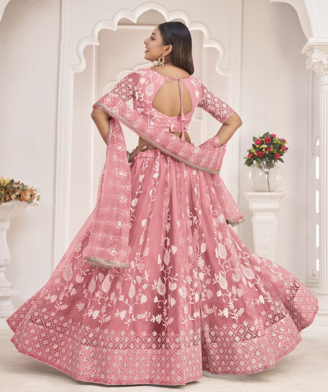 Pink embroidered net semi stitched lehenga