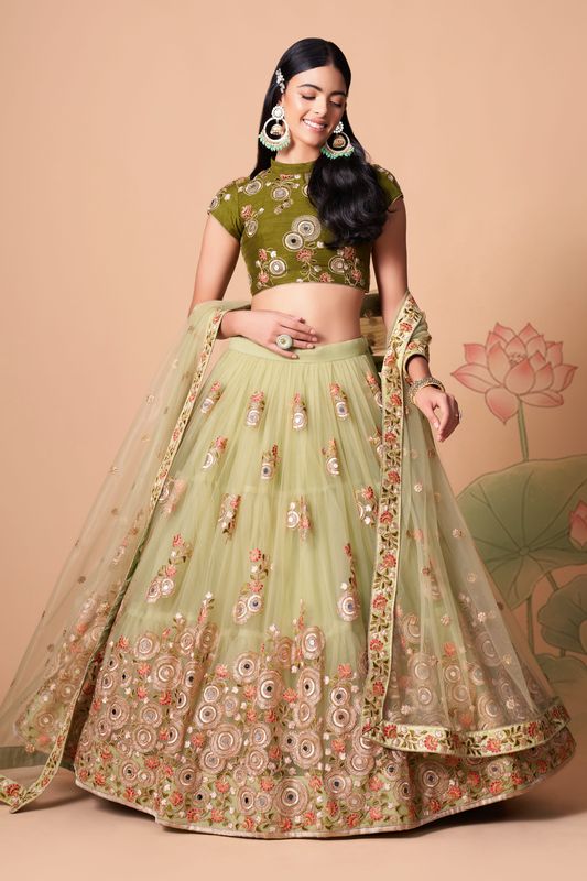 Pista Green Women's Soft Net Embroidery Lehenga Choli