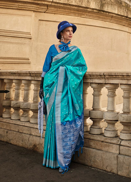 Turquoise woven saree