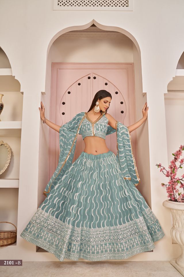 Blue embroidered net semi stitched lehenga