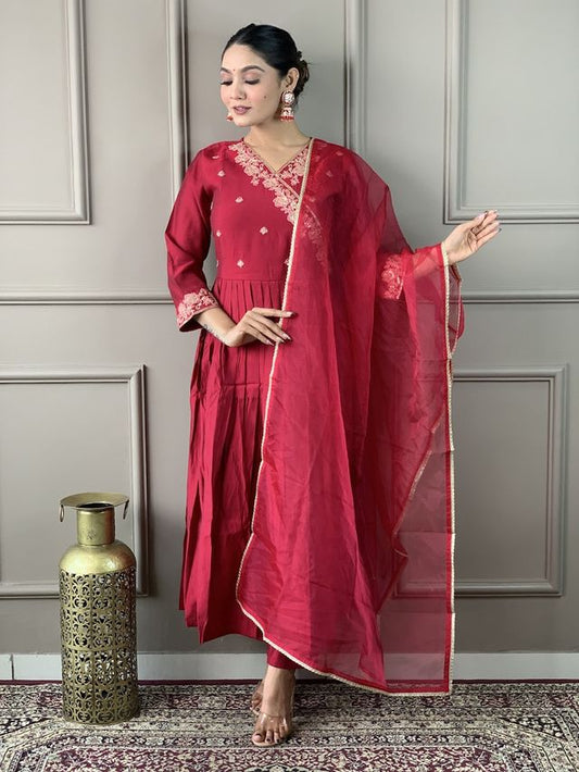 Maroon Viscose Chanderi Designer Embroidery Work   Ethnic