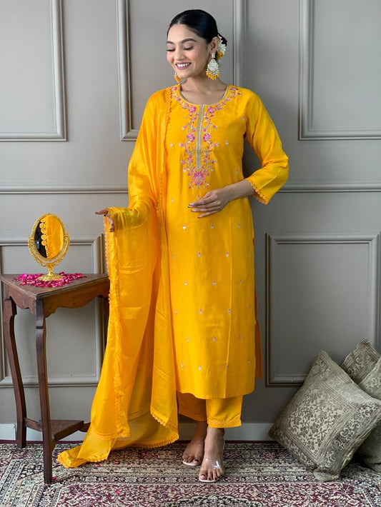 Yellow Viscose Chanderi Designer Embroidery Work Graceful Festive