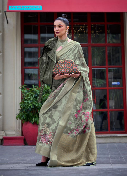 Olive floral print saree